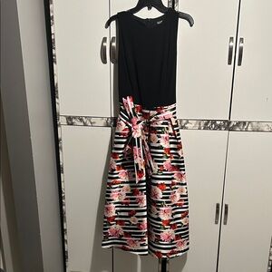 SLNY Black and Floral Midi Dress